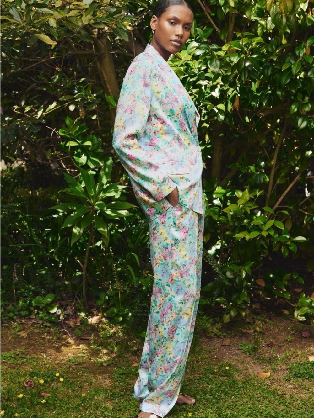 NWT Zara Printed Satin Pastel Floral Mint & Pink Trousers